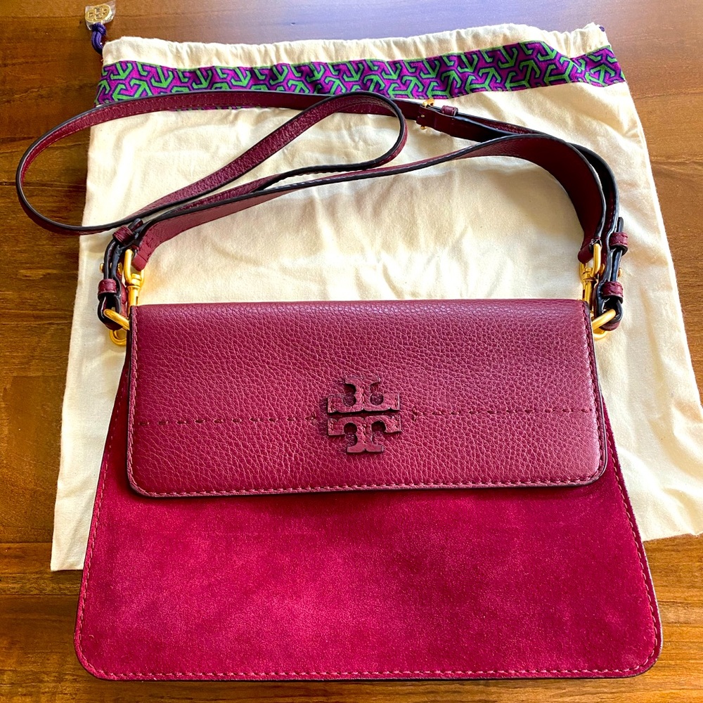 Brand new Tory Burch burgundy leather and suede handbag with dust bag